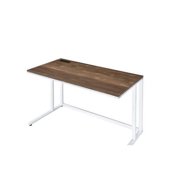 Writing Desk with Wooden Top and Built in USB Port, Brown and White