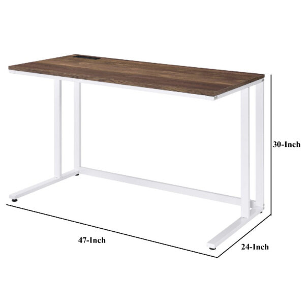 Writing Desk with Wooden Top and Built in USB Port, Brown and White