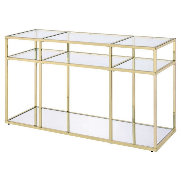 1502202669916cd29f5f9.jpeg 3 Tier Sofa Table with Glass Shelves and Metal Frame, Gold