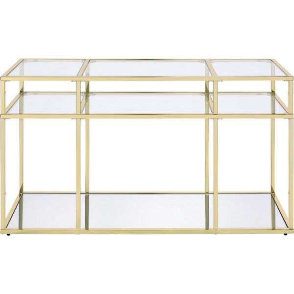 1502202669916cd424454.jpeg 3 Tier Sofa Table with Glass Shelves and Metal Frame, Gold