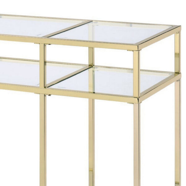 1502202669916cd579c70.jpeg 3 Tier Sofa Table with Glass Shelves and Metal Frame, Gold