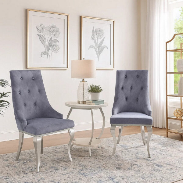 Side Chair with Button Tufting and Metal Legs, Set of 2, Gray and Silver