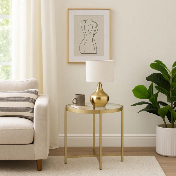 1502202669916d604c02e.jpeg End Table with Round Glass Top and Metal Frame, Gold