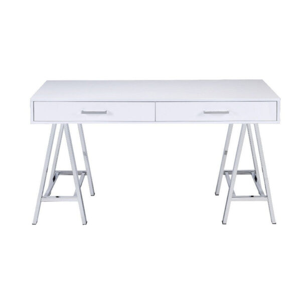 Writing Desk with MDF 2 Drawers and Metal Legs, White and Chrome