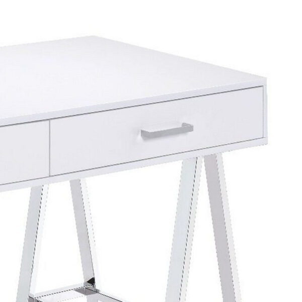 Writing Desk with MDF 2 Drawers and Metal Legs, White and Chrome