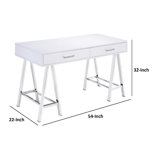 Writing Desk with MDF 2 Drawers and Metal Legs, White and Chrome