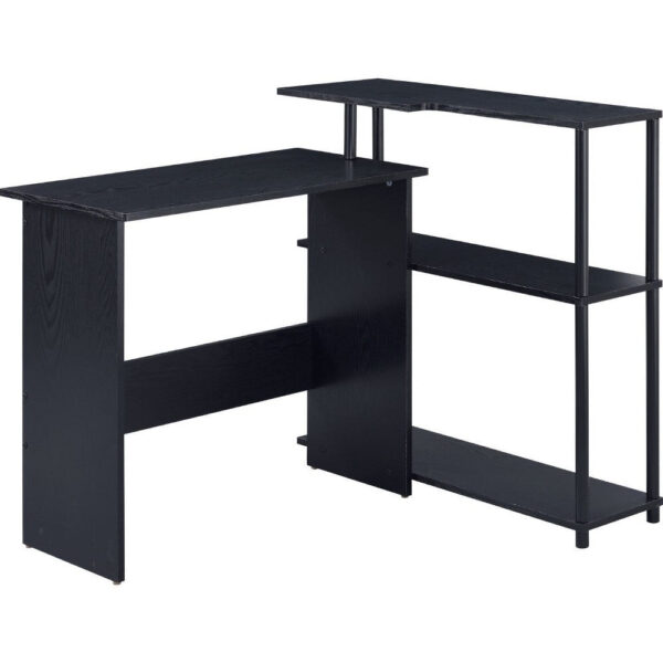 Writing Desk with L Shaped Design and 3 Tier Wooden Shelves, Black