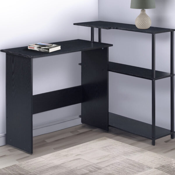 Writing Desk with L Shaped Design and 3 Tier Wooden Shelves, Black
