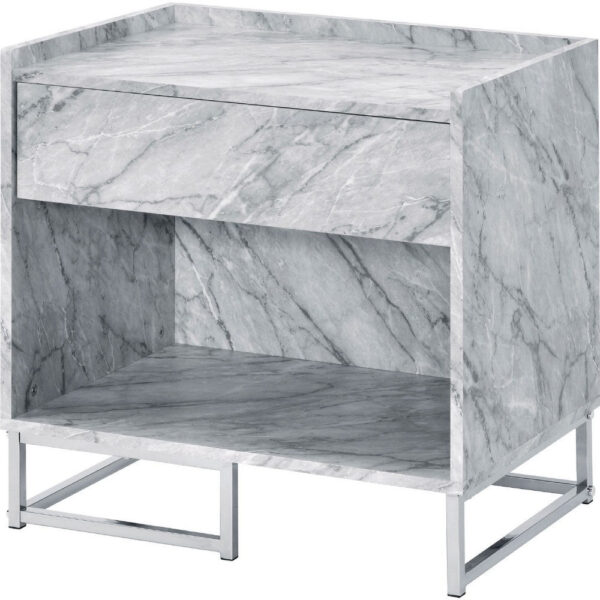 Faux Marble Accent Table with Chrome Finish, White