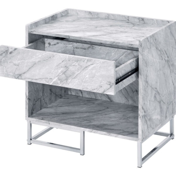 Faux Marble Accent Table with Chrome Finish, White