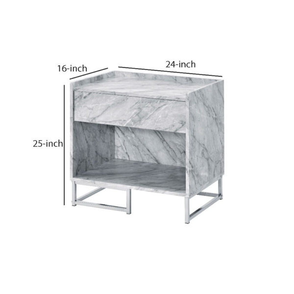 Faux Marble Accent Table with Chrome Finish, White