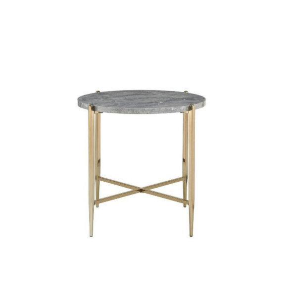 End Table with Oval Marble Top and X Shaped Support, Gray and Gold