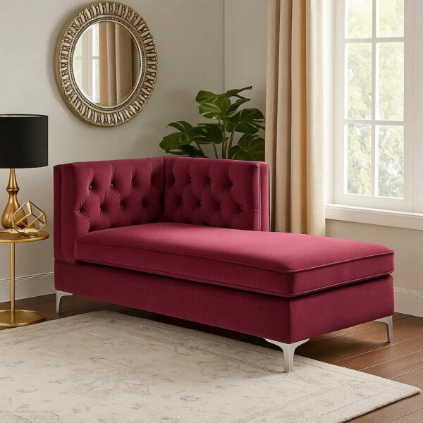 Chaise with Velvet Upholstery and Metal Legs, Red
