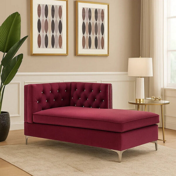 Chaise with Velvet Upholstery and Metal Legs, Red