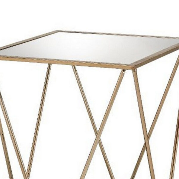 End Table with Mirror Top and Open Geometric Base, Champagne Gold