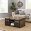 Coffee Table with 2 Barn Sliding Glass Doors and Pull Out Tray, Brown