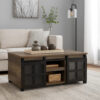 Coffee Table with 2 Barn Sliding Glass Doors and Pull Out Tray, Brown