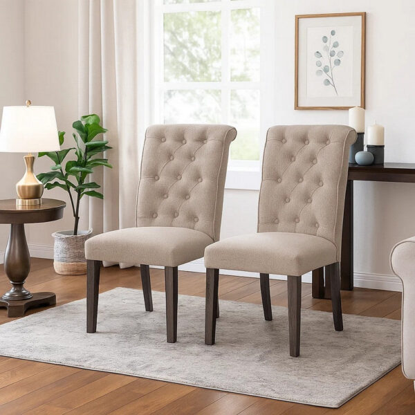 Side Chair with Button Tufted Backrest, Set of 2, Beige