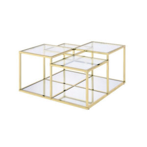 Coffee Table with Glass Top and Tubular Frame, Gold