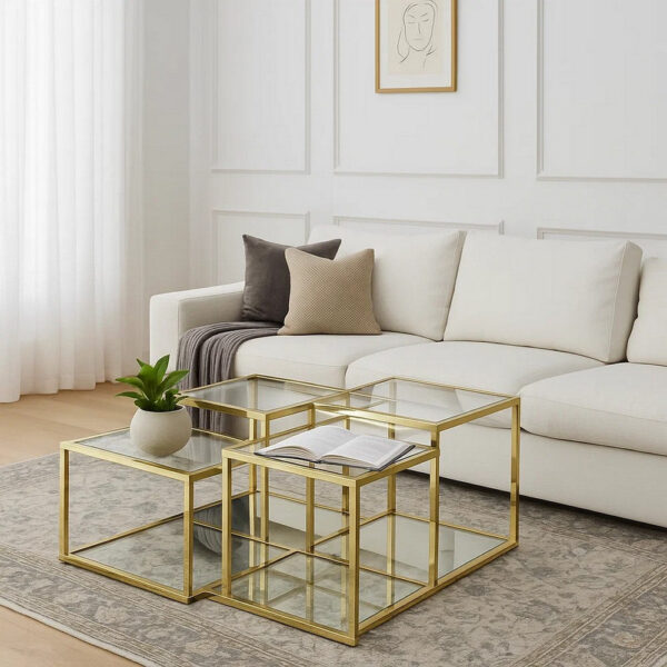 Coffee Table with Glass Top and Tubular Frame, Gold