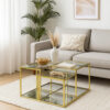 Coffee Table with Glass Top and Tubular Frame, Gold