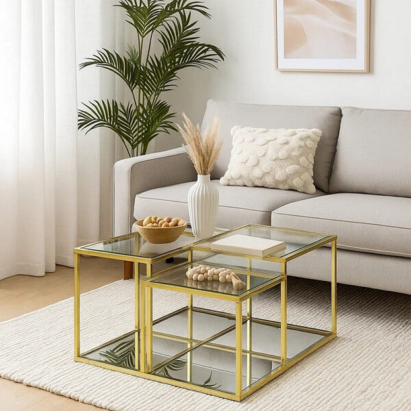Coffee Table with Glass Top and Tubular Frame, Gold