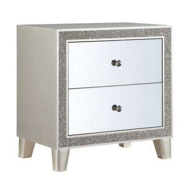 Nightstand with Mirrored Front 2 Drawers, Champagne Silver