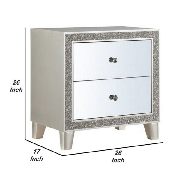 Nightstand with Mirrored Front 2 Drawers, Champagne Silver