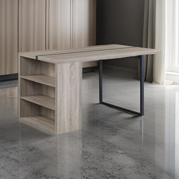 Dining Table with 3 Side Open Compartments and Metal Trim Inlay, Oak Gray