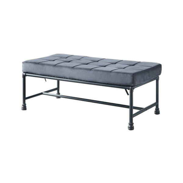 Bench with Button Tufted Seat and Pipe Style Metal Frame, Gray