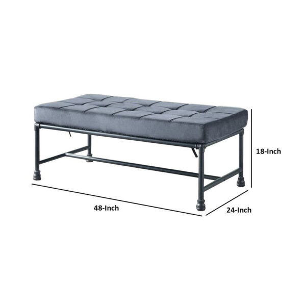 Bench with Button Tufted Seat and Pipe Style Metal Frame, Gray
