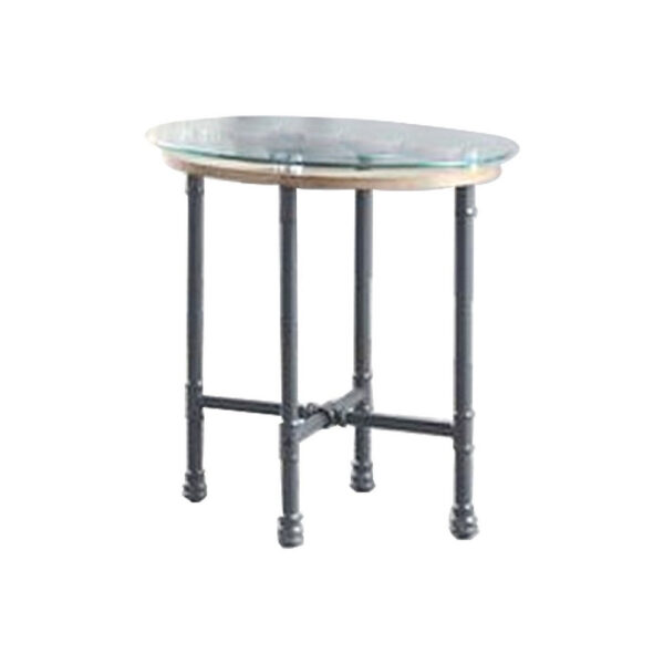 End Table with Round Glass Top and Metal Pipe Style Legs, Gray