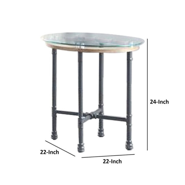 End Table with Round Glass Top and Metal Pipe Style Legs, Gray