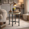 End Table with Round Glass Top and Metal Pipe Style Legs, Gray