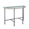 Wood Side Table, Oval Tempered Glass Top, Metal Pipe Style Legs, Clear Glass, Sandy Gray