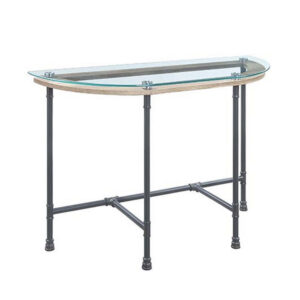 15022026699170ce3bf67.jpeg Wood Side Table, Oval Tempered Glass Top, Metal Pipe Style Legs, Clear Glass, Sandy Gray