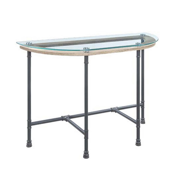 Wood Side Table, Oval Tempered Glass Top, Metal Pipe Style Legs, Clear Glass, Sandy Gray