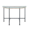Wood Side Table, Oval Tempered Glass Top, Metal Pipe Style Legs, Clear Glass, Sandy Gray