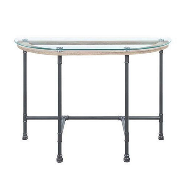 Wood Side Table, Oval Tempered Glass Top, Metal Pipe Style Legs, Clear Glass, Sandy Gray