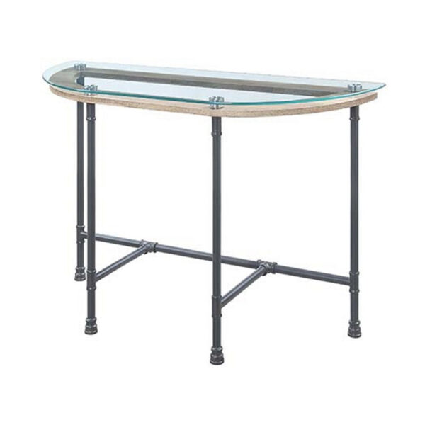 Wood Side Table, Oval Tempered Glass Top, Metal Pipe Style Legs, Clear Glass, Sandy Gray