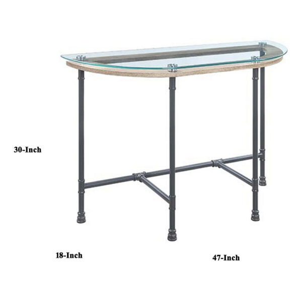 Wood Side Table, Oval Tempered Glass Top, Metal Pipe Style Legs, Clear Glass, Sandy Gray