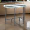 Wood Side Table, Oval Tempered Glass Top, Metal Pipe Style Legs, Clear Glass, Sandy Gray