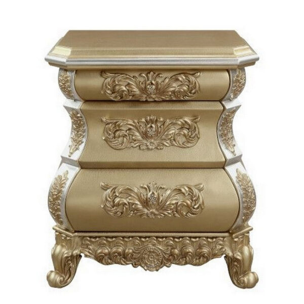 Nightstand with Bombe Shaped and 3 Carved Drawers, Gold