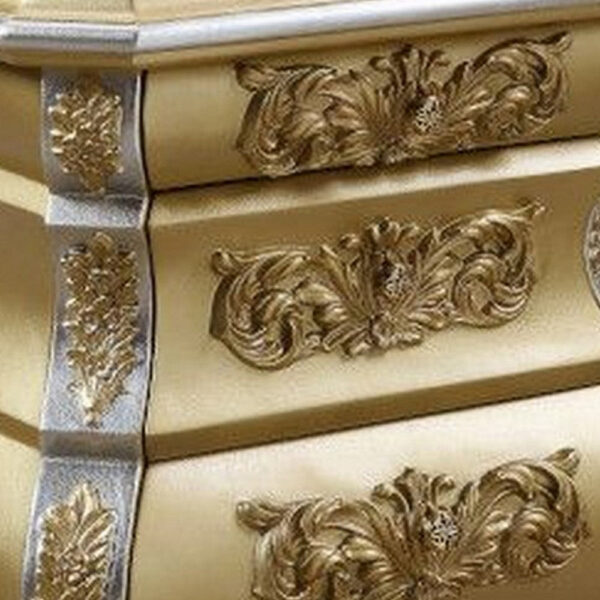 Nightstand with Bombe Shaped and 3 Carved Drawers, Gold