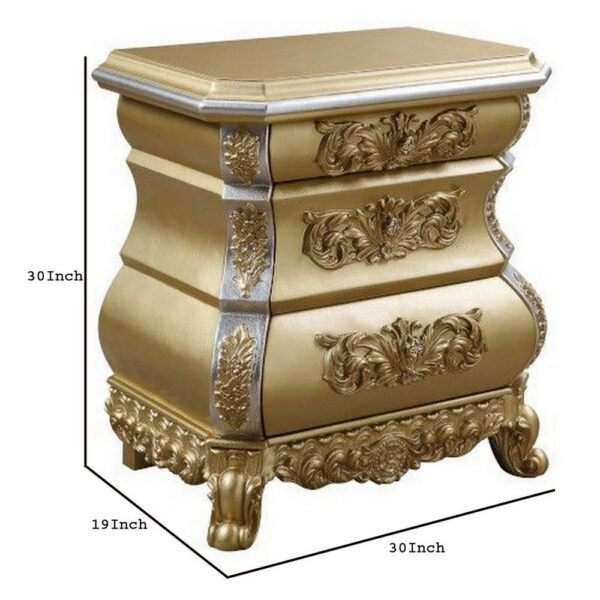 Nightstand with Bombe Shaped and 3 Carved Drawers, Gold
