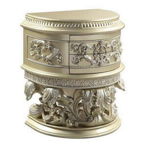 Nightstand with Scrolled Carvings and Half Moon Shape, Champagne Silver