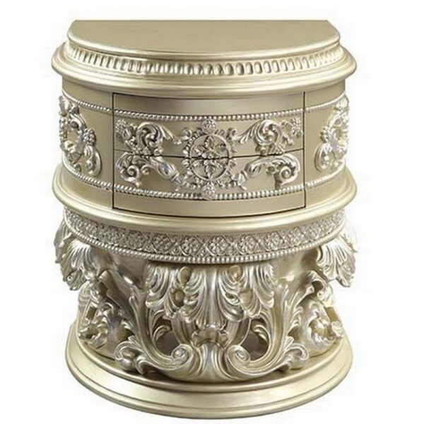 Nightstand with Scrolled Carvings and Half Moon Shape, Champagne Silver