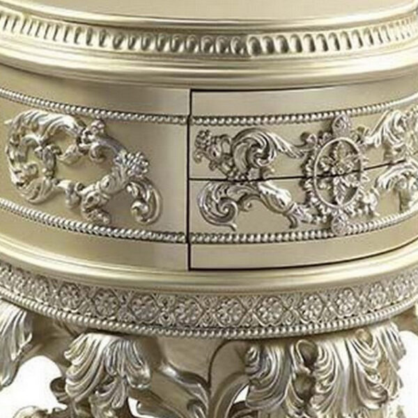 Nightstand with Scrolled Carvings and Half Moon Shape, Champagne Silver
