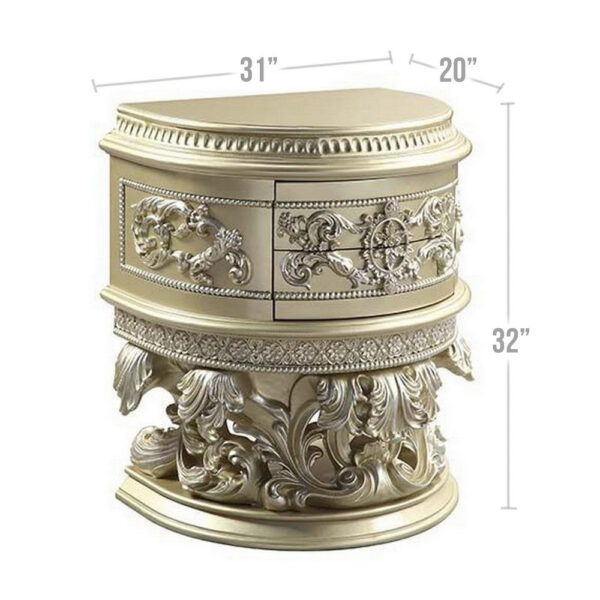 Nightstand with Scrolled Carvings and Half Moon Shape, Champagne Silver