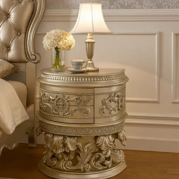 Nightstand with Scrolled Carvings and Half Moon Shape, Champagne Silver